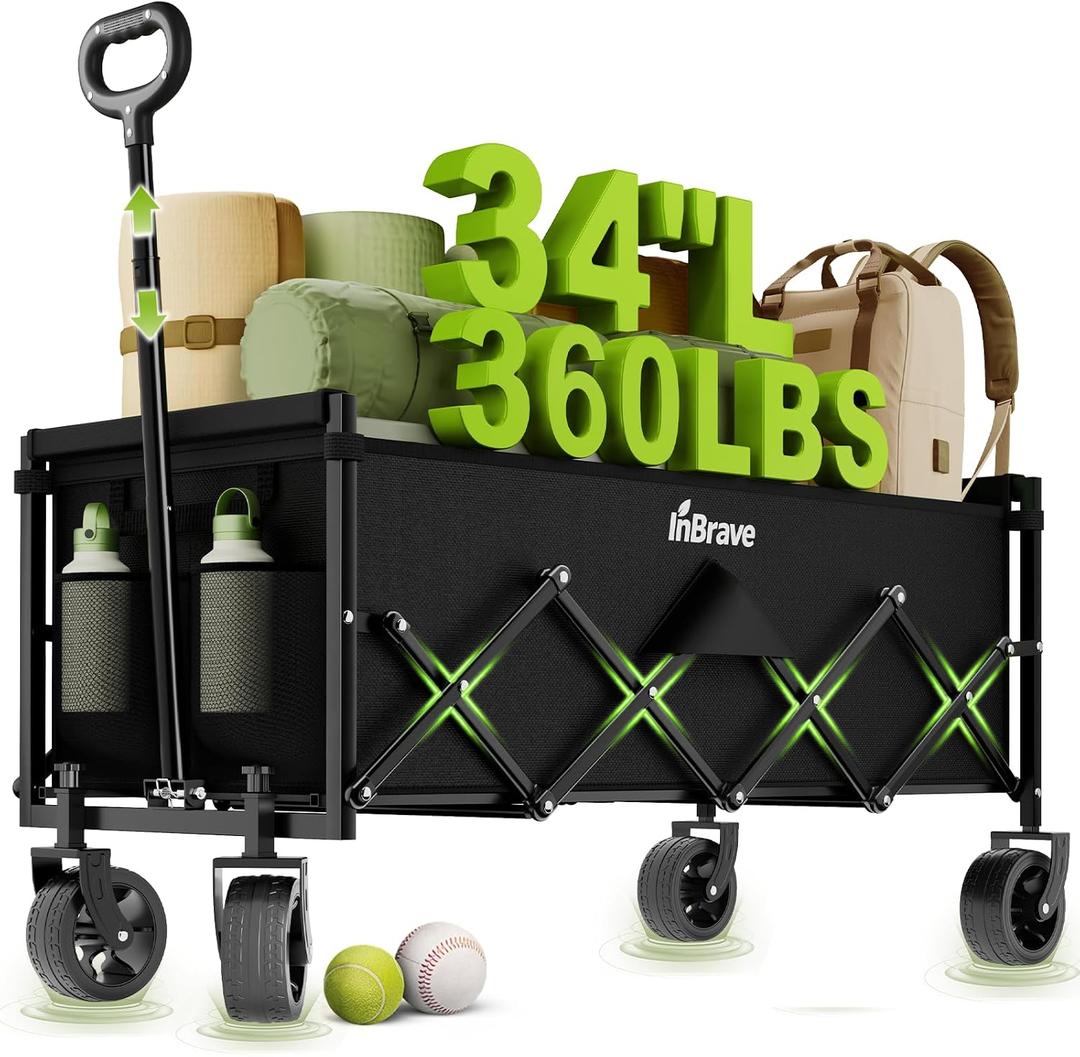 34" Extra Long Collapsible Wagon Cart, 360LBS Capacity, Black | Foldable Utility Cart with Wheels, Heavy-Duty, for Shopping/Grocery/Garden/Sports/Camping, 130L Storage, 600D Oxford (16.7"x25.5")