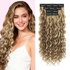 Curly Clip In Hair Extensions, 4PCS 20 Inch Brown with Blonde Highlights Extensions Clip Ins, Lace Weft Short Curly Invisible Natural Hairpieces for Women