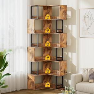 Decofy 7 Tier Corner Bookshelf, 70.86” Tall Corner Bookcase, Wood and Metal Industrial Storage Corner Shelf, Large Modern Display Storage Rack for Living Room Home Office - Brown, 23.6 inches x 9.25 inches x 70.87 inches