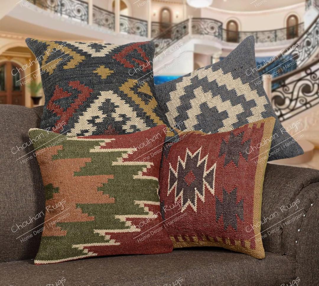 4 PCS Set of Hand Woven Jute Kilim Cushion Cover Indian Vintage Pillows 18X18 Rug Boho Shams (Pattern 3) (Pattern 3)