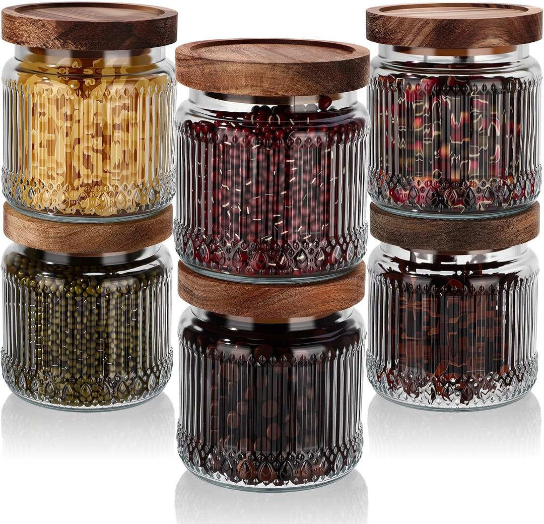6 Pcs 500ml/17 oz Vintage Glass Storage Jar Glass Containers with Wood Lid Ribbed Pattern Airtight Kitchen Spice Containers for Pantry, Coffee Bean, Grains, Tea, Sugar, Flour, Candy, Oats