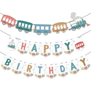 2 Pack 6 Feet Train Birthday Party Banner Decorations Retro Train Happy Birthday Garlands for Railroad Steam Vintage Party Supplies