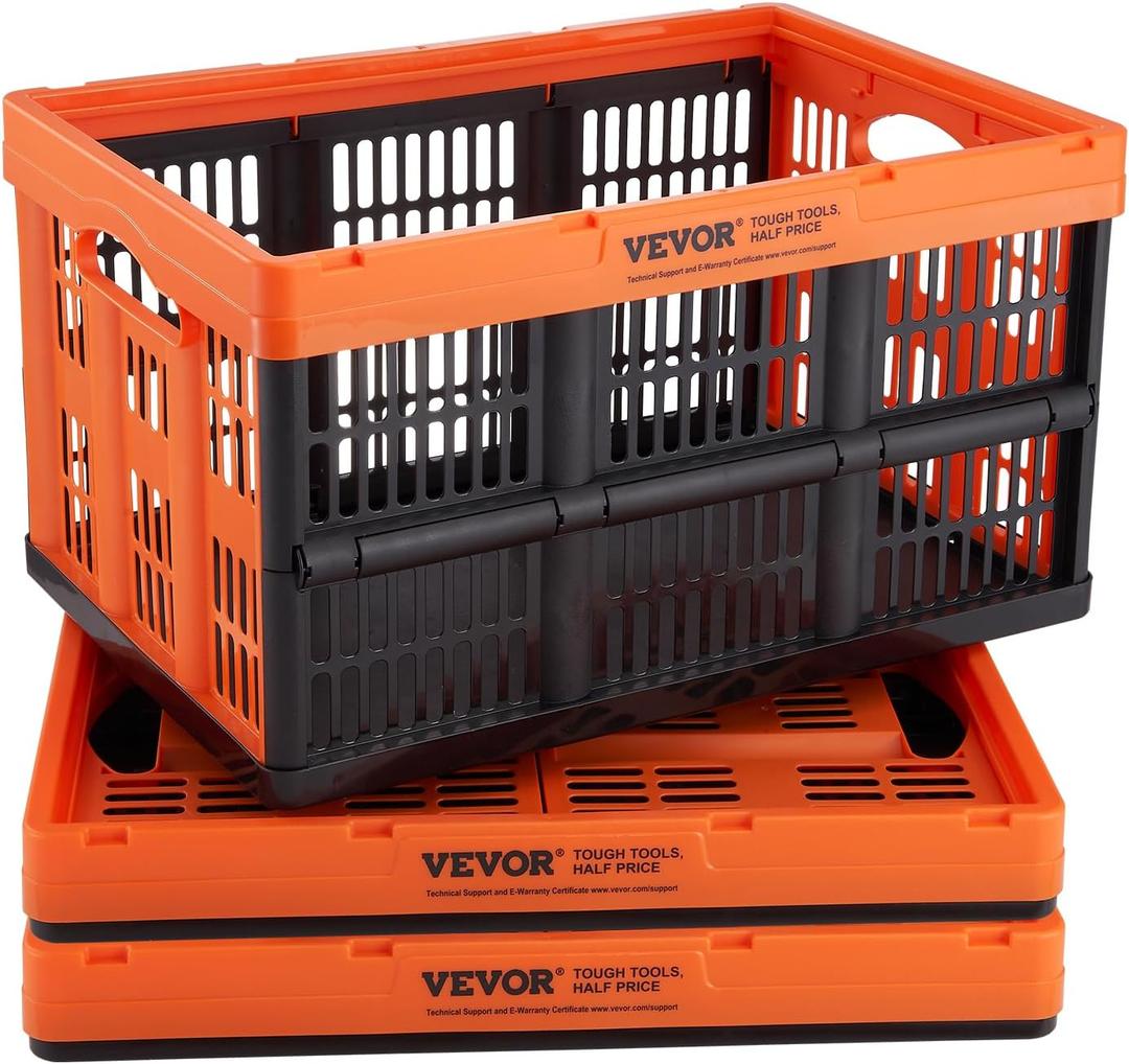 VEVOR Plastic Collapsible Storage Basket, 45L 3 Packs, Folding Stackable Storage Containers/Bins with Handles, Large Heavy Duty Containers for Clothes, Toys, Books, Snack, Shoes and Grocery Organizing (45L-Orange&Black)