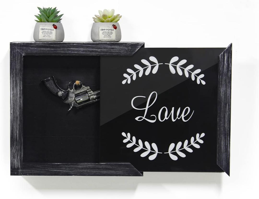 Gun Secret Concealment Furniture Decor for Pistols Handgun Wall Safe, Wooden Gun Storage Box w/Picture Frame (Vintage Black Mixed Silver)
