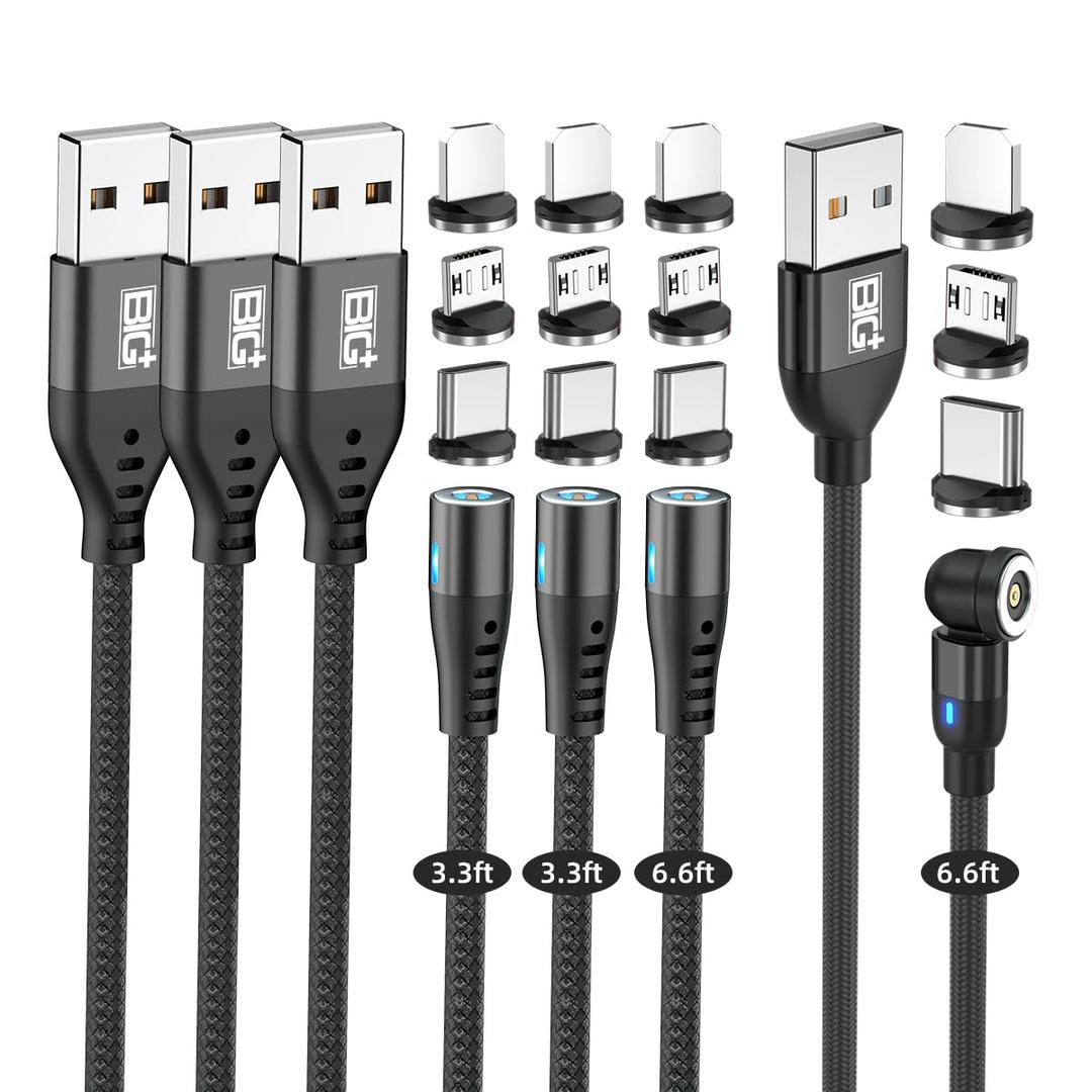Magnetic Charging Cable 4 Pack- (6.6ft/6.6ft/3.3ft/3.3ft) 360 3-in-1 Magnetic USB C Charging Cable | LED Light Nylon Braided Magnetic Cable for i-Products & Android with Micro USB & USB Type C