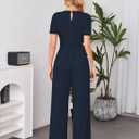 LOOKBOHO Women Dressy Casual Jumpsuits Elegant High Waist Side Ruched Romper Summer Short Sleeves Wide Leg Pants (Blue, L)