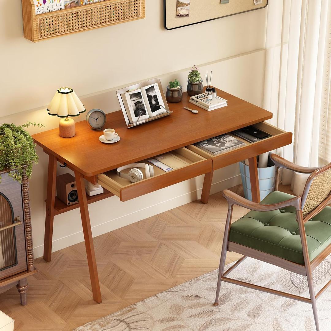 Solid Wood Desk with Drawers - 47.2 Inch Mid Century Modern Desks, Writing Desk with Storage Shelf, Home Office Desks for Bedroom & Home, Walnut Color