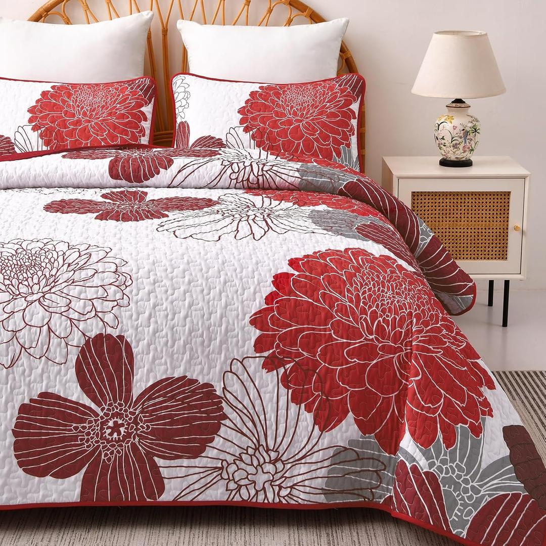 King Quilt Sets Red Floral Pattern Quilt Bedding Set, 3 Pieces Botanical Quilt Soft Microfiber Bedspread Coverlet Set, Boho Bed Cover Bedding Set for All Season(104" x 90)