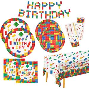 Building Block Party Supplies Paper Plates Napkins Cups Tablecloth Banner for Colorful Building Block Birthday Party Decorations for Boys, Kids Birthday Party Decorations Serve 25 Building Block Party Supplies Paper Plates Napkins Cups Tablecloth Banner for Colorful Building Block Birthday Party Decorations for Boys, Kids Birthday Party Decorations Serve 25