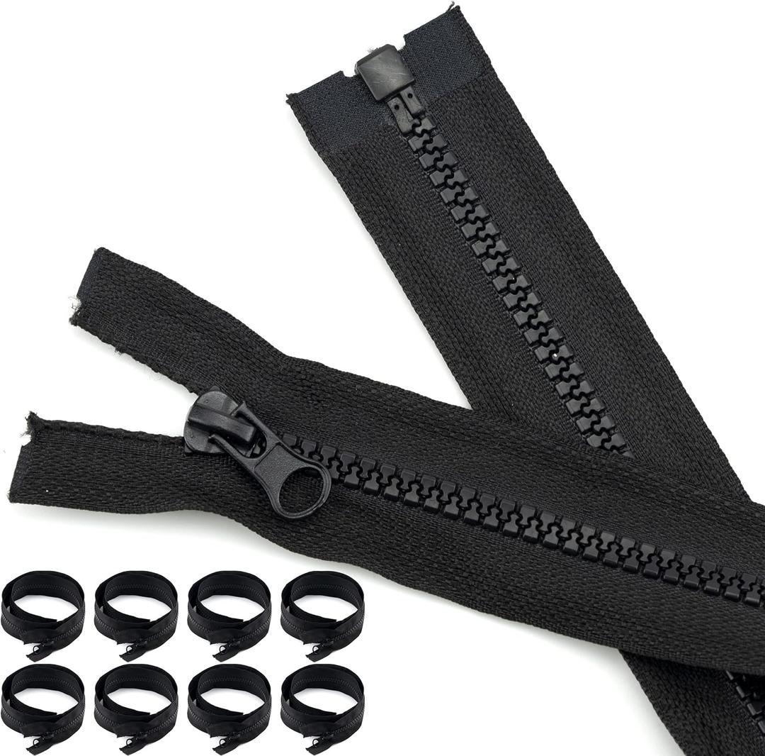 8 Pieces #5 24 Inch Separating Jacket Zippers Bulk Black Zipper Replacement Two-Way Zipper Tape Large Molded Plastic Zippers for Sewing Winter Coats Jackets