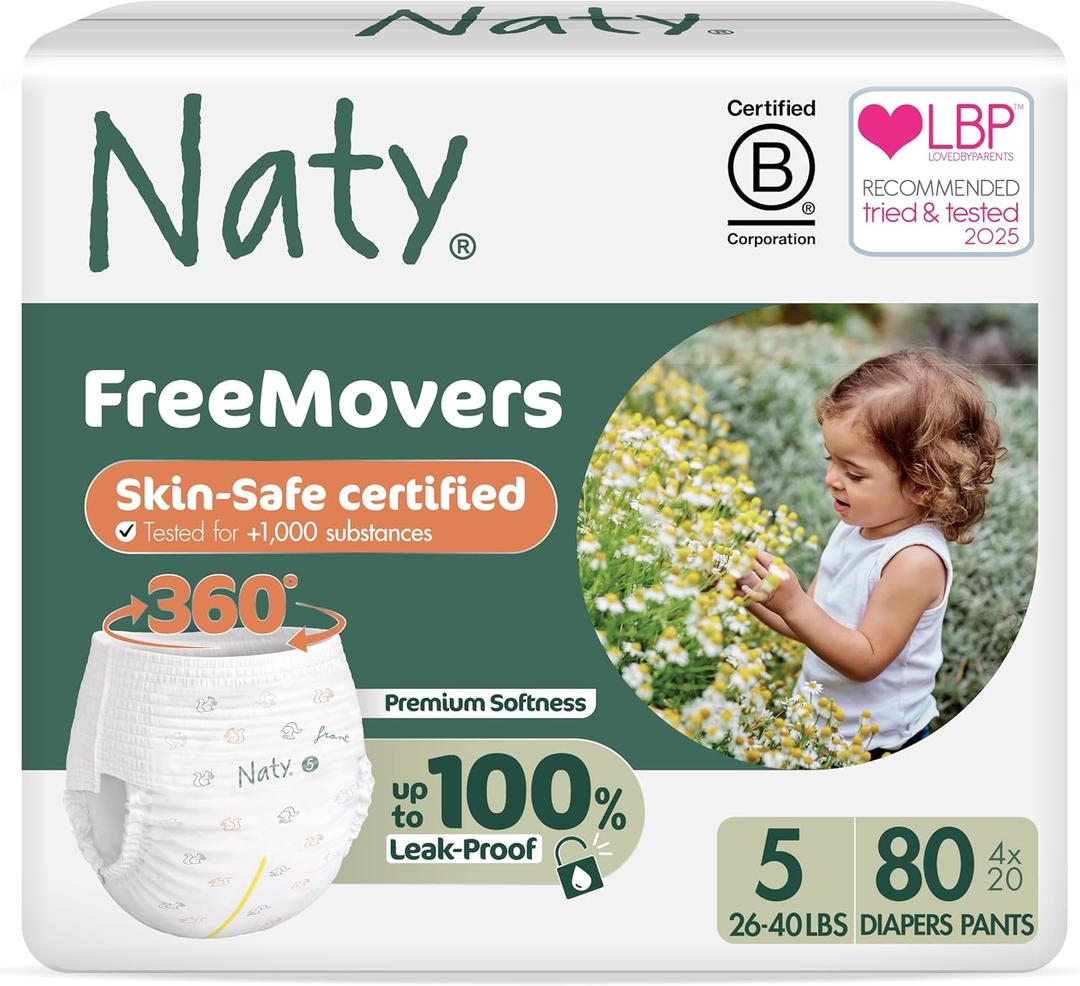 Naty FreeMovers Pull Up Training Pants for Sensitive Skin | Hypoallergenic Potty Training Underwear | Absorbent & Leak-Proof for Toddler | Soft, Unscented| Size 5, 3T-4T (2640 lbs), 80 Count