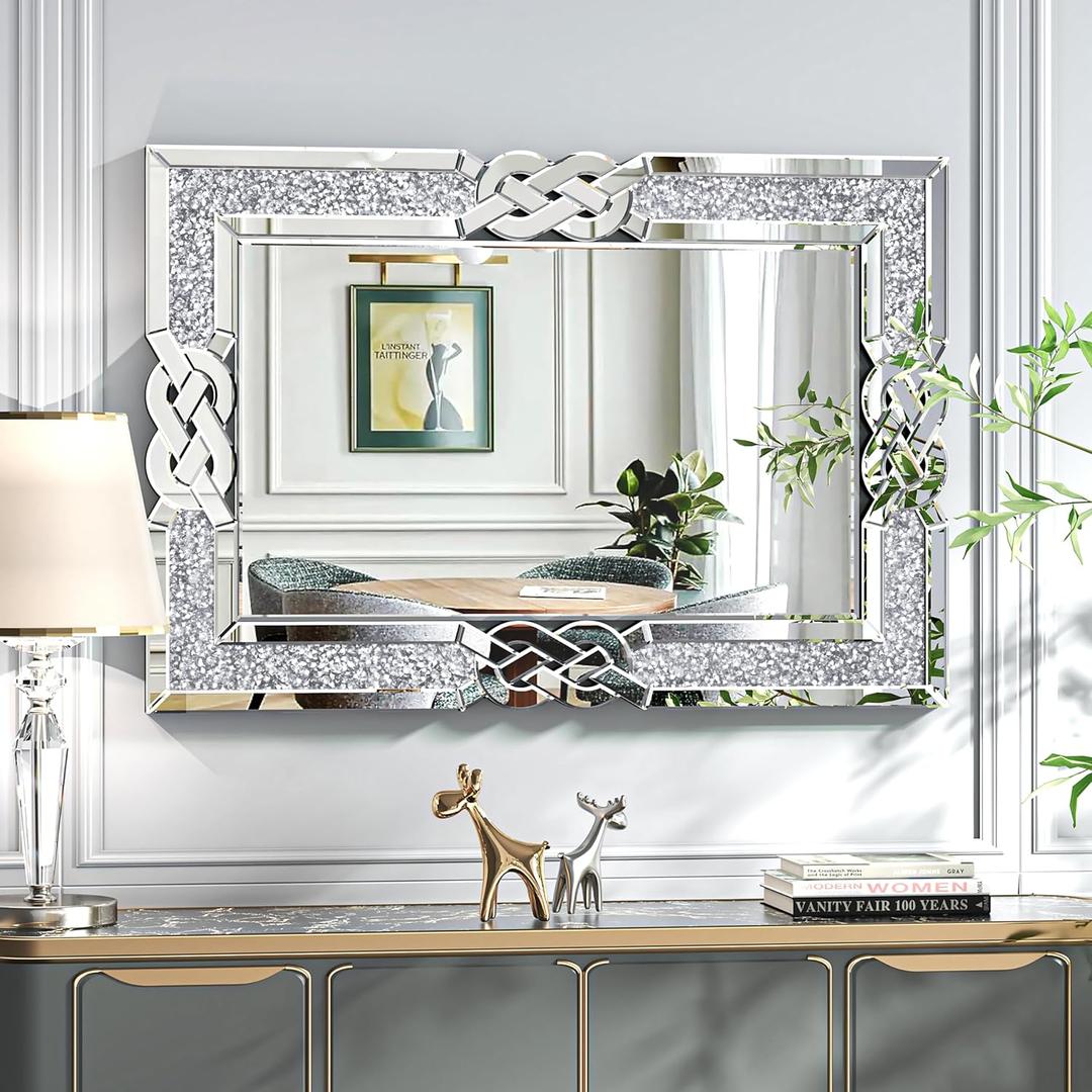 ENENE Crystal Mirror for Wall Decor - 36''x24'' Crush Diamond Silver Rectangle Decorative Mirrors for Living Room, Bathroom, Bedroom, Entryway, Dining Room (Square Rhinestone)