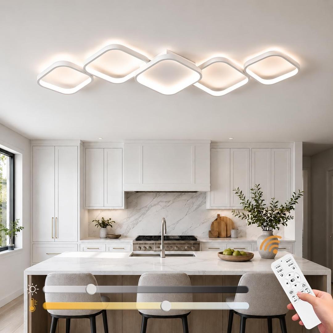 39.37 Inch Modern LED Ceiling Light Fixture, 60W Flush Mount Ceiling Light, 3000K-6000K Adjustable Color Temperature, 5 Square Design, White