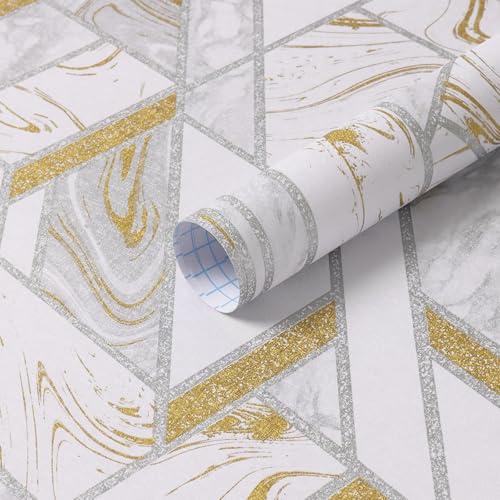 Safiyya 78.7"×17.3" White and Gold Wallpaper Geometric Peel and Stick Wallpaper for Bedroom Contact Paper for Cabinets Liner Self Adhesive Removable Wall Paper for Walls Vinyl 3 Rolls