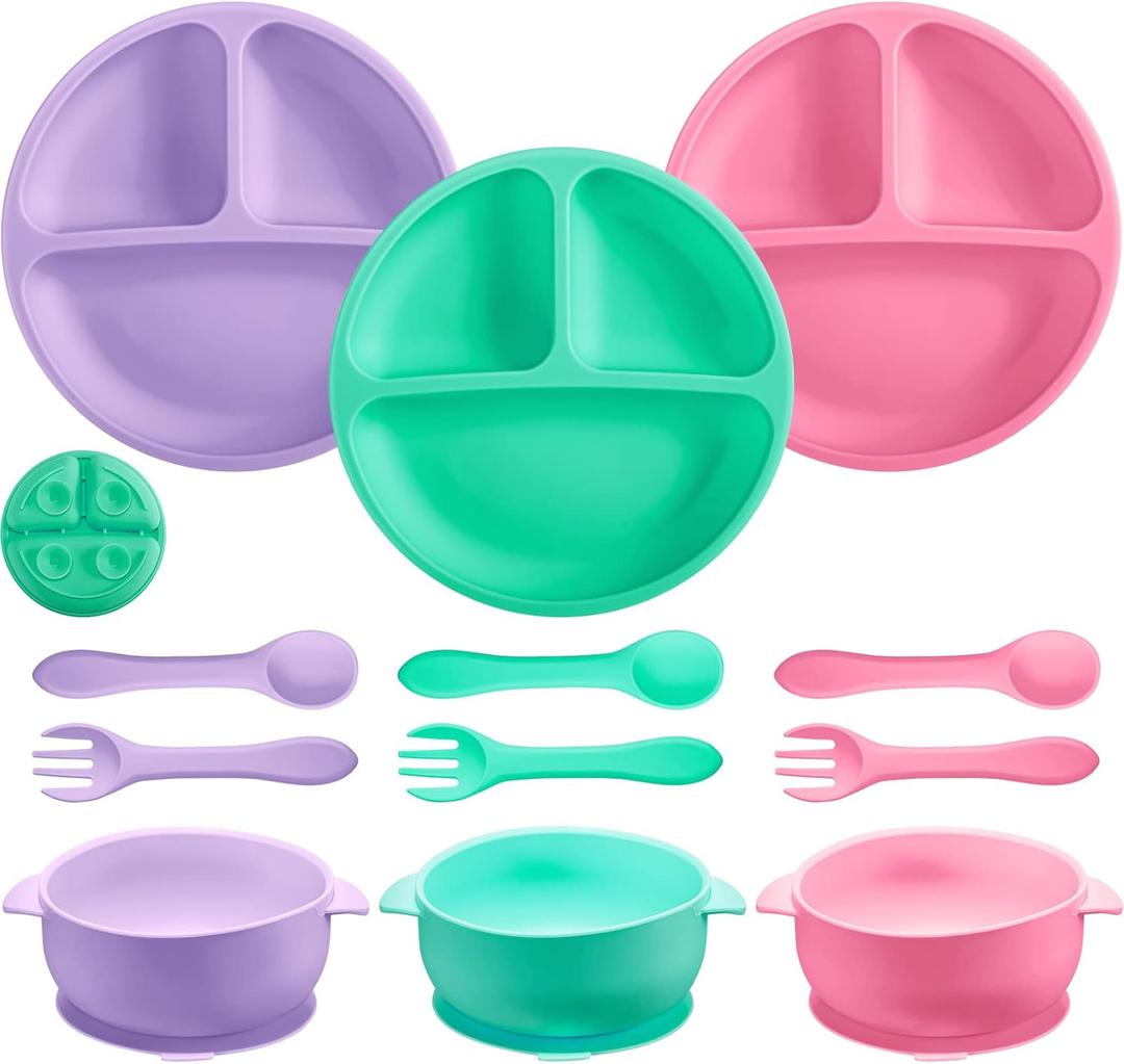 CHENGU 12 Pcs Silicone Bowl with Suction Set for Baby Toddler with Suction Plate, Spoon and Fork, Divided Design Baby Feeding Utensils Weaning Kit, Dishwasher and Microwave Safe (Fresh Colors)