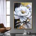 Framed White and Black Flower Wall Art for Study, Hand Painted Floral Oil Painting for Bedroom, Modern Textured 3D Artwork Office Kitchen Decor 28x40inch