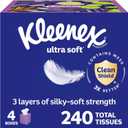 Kleenex Ultra Soft Facial Tissues, 4 Cube Boxes, 60 Tissues per Box, 3-Ply (240 Total)