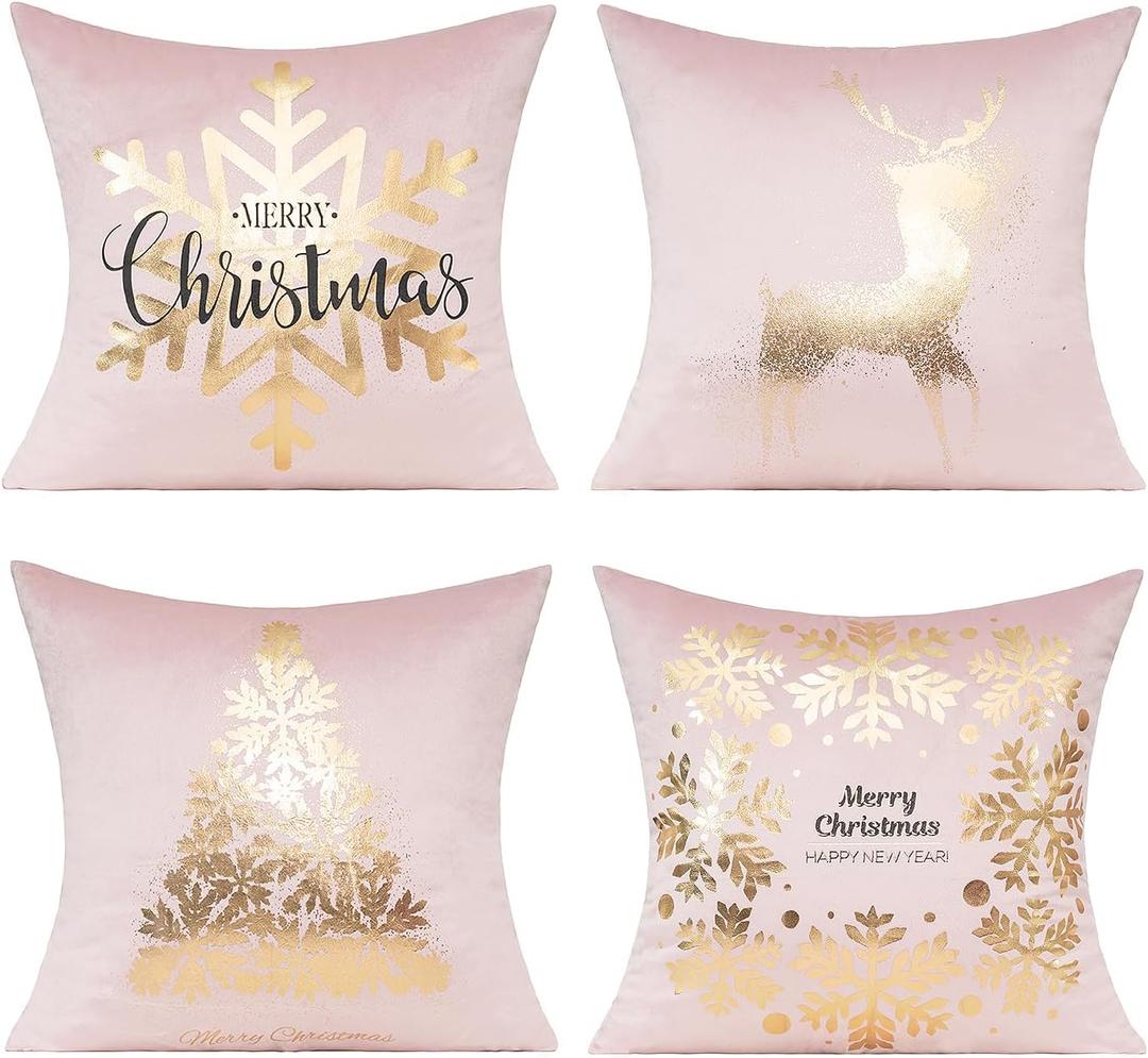 All Smiles Christmas Decorations Throw Pillow Covers Cases 16X16 Set of 4 Winter Xmas Indoor Home Holiday Dcor Ornaments Velvet Navidad Cushion for Sofa Tree Snowflake ReindeerPink Gold