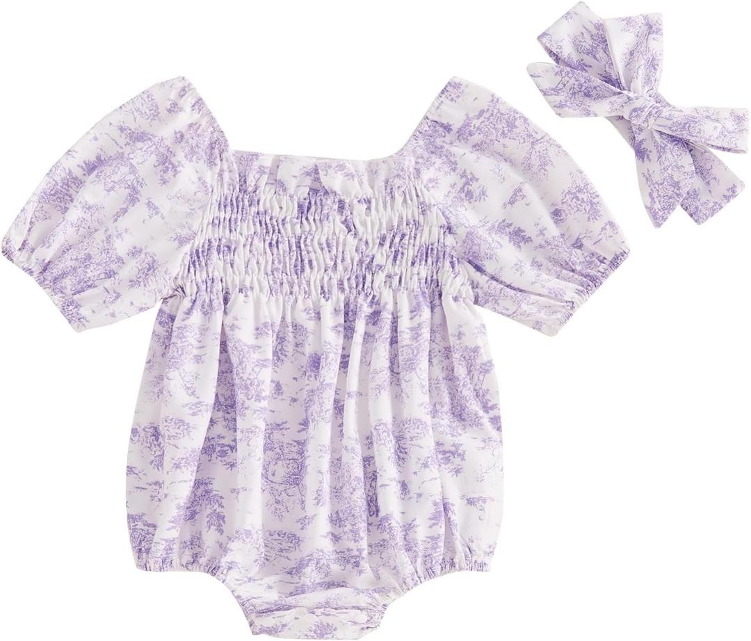 Ursobutegl Infant Baby Girls Romper Floral Ruffle Sleeve Pleated Smocked Bubble One Piece Ruched Jumpsuit Summer Bodysuit (Purple, 9-12 Months)