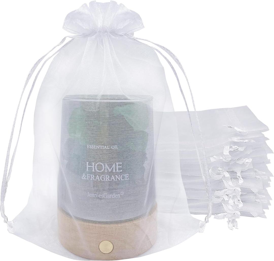 Jexila 50 Pack White Organza Gift Bags 6X9 Inch Sheer Mesh Bag Drawstring for Jewelry Pouch Wedding Favor Baby Shower Party Sachet Candle Bags