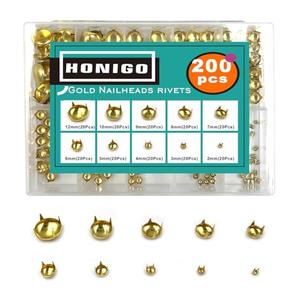 Honigo 200pcs Nailheads Dome Studs Rivets Gold Metal Solid Brass 2/3/4/5/6/7/8/9/10/12mm 4 Prongs Spikes Spots for Leather Craft Clothes Belt Bag Shoes Decorations Totes DIY Craft
