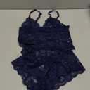 Lilosy Sexy Sheer Floral Lace Pajamas Lingerie Set High Waist Sleepwear Bra and Panty 2 Piece Nightwear (Small, Navy Blue)