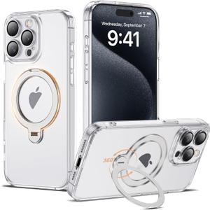 Compatible with iPhone 15 Pro Case with 360 Spin Magnetic Ring Stand [Compatible with Mag-Safe] Full Camera Lens Protector Plating Clear Phone Case for iPhone 15 Pro 6.1", Clear