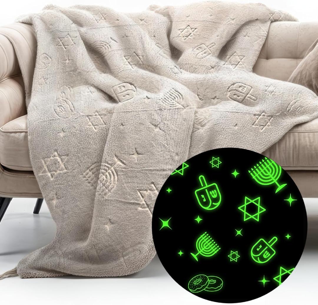 GUARDMAN Glow in The Dark Chanukah Blanket  Soft Flannel Throw with Menorah, Dreidels & Jewish Stars  Perfect Hanukkah Gift for Kids & Adults  Cozy, Plush, and Machine Washable  Holiday Blanket