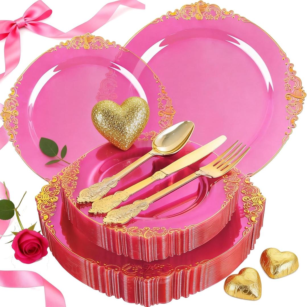 Joyido 125PCS Hot Pink Plastic Plates - Clear Pink Gold Disposable Plates - Hot Pink Party Plate with Gold Plastic Silverware Set for 25 Guests for Wedding Party Birthday Valentine's Day