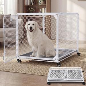 42 Inch Collapsible Dog Crate with Diamond Mesh, No-Tool Assembly Foldable Dog Kennel with 4 Lockable Wheels,Removable Tray,Portable Dog Cage for Medium/Large Dogs, Space-Saving, Indoor Outdoor Use