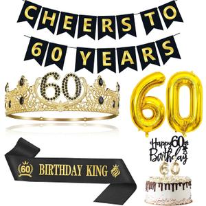 60th Birthday Gifts for Men, 60th Birthday Decorations for Men, Party Decor Supplies including King Crown & Sash & Banner & Balloons & Candles