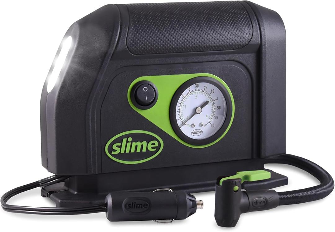 Slime 40050 Tire Inflator, Portable Car Air Compressor, with Analog 100 psi Dial Gauge, Long Hose and LED Light, 12V, 8 min Inflation