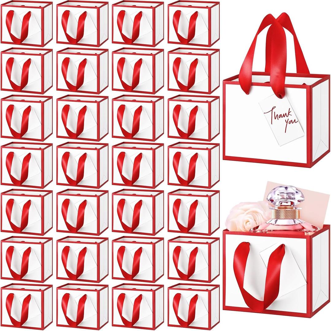 Yeaqee 50 Pcs Mini Metallic Paper Gift Bags with Handle 4x4.75x2.2'' Small Gift Bag DIY Tag Thank You Party Favor for Mother's Day Wedding Graduation Baby Shower Birthday Jewelry (White,Red)
