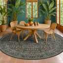 Vintage Washable Round Rugs 8ft, Ultra Soft Large Circle Area Rugs for Living Room, Dining Room Under Table Non Slip, Bedroom Under Bed, Dark Green Oriental Floral Round Floor Carpet Dcor