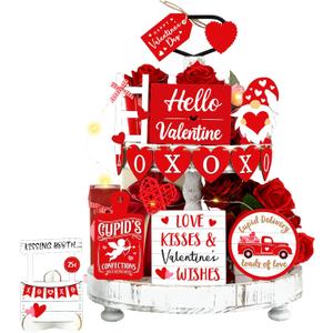Pickmesh 21 Pcs Valentine Tiered Tray Decor Set Valentine Table Decorations Conversation Heart Wooden Decoration Farmhouse Valentines Day Decorations Heart Wooden Signs for Home(Classic)