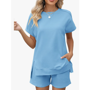 LOMON Womens Fashion 2 Piece Outfits Sweatsuits 2026 Summer Short Sleeve Loungewear Tracksuit Round Neck Lounge Shorts Sets, 2XL