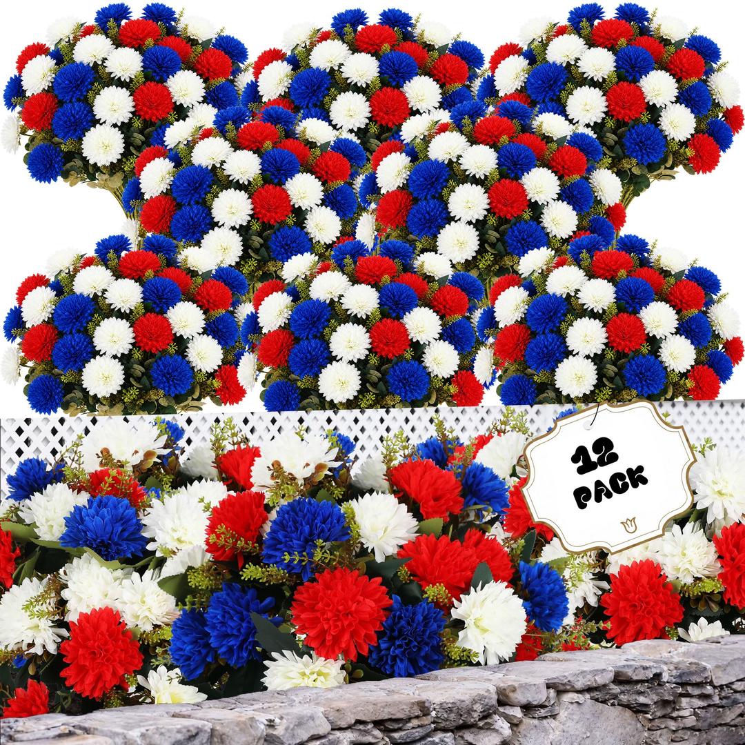 Sariiraw 12 Stems Artificial Patriotic Mums Red White Blue Outdoor Decor