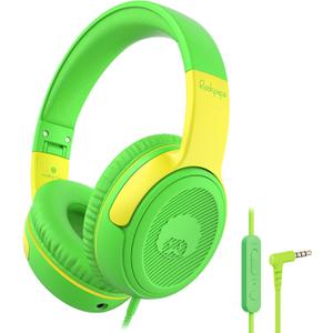 rockpapa Share 1 Kids Headphones Wired with Microphone & Share Port, 85dB/94dB Volume Limited, Cute Foldable Student Child Boys Girls Headphones for School/Classroom/Travel Green/Yellow
