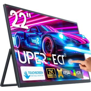 UPERFECT 22" 2K Portable Touchscreen Monitor w/VESA & 180Adjustable Stand, 2560 * 1440 QHD FreeSync IPS HDR Large Gaming Display, USB-C HDMI Travel Second Monitor for Laptop Switch Phone