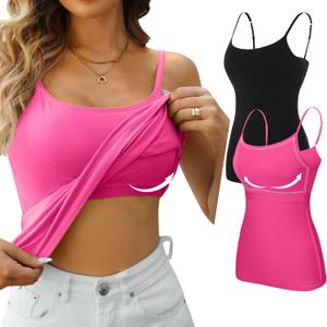 V FOR CITY Women's Shelf Bra Camisole Tops Adjustable Spaghetti Strap Cami Tank Cotton Undershirts 2 Pack (Small, Black/Hot Pink)