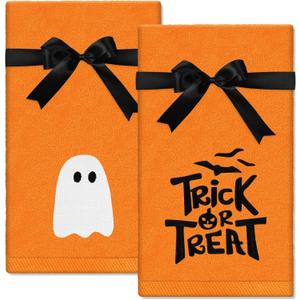 2 Pack Halloween Hand Towels Embroidered Orange Ghost Trick or Treat Cotton Dish Towel with Ribbon for Bathroom Hand Drying Kitchen Cleaning Towel Gift Set, 29.5 x 13.7 Inch