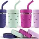 Mason Jar Toddler Cup | 8 oz Glass Cups with Silicone Sleeve & Lids | Spill-Resistant Smoothie & Snack Cups for Kids | BPA-Free | Stainless Steel Inner Straw (Pack of 4, Blueberry/Sweet Sage/Deep Purple/lilac Rhapsody)