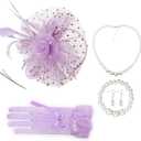 AQOKKA Women Fascinators Hats Veil Mesh Tea Party Derby Hat Bow Lace Gloves Pearl Jewelry Set for Women Cocktail Wedding (Light Purple)  