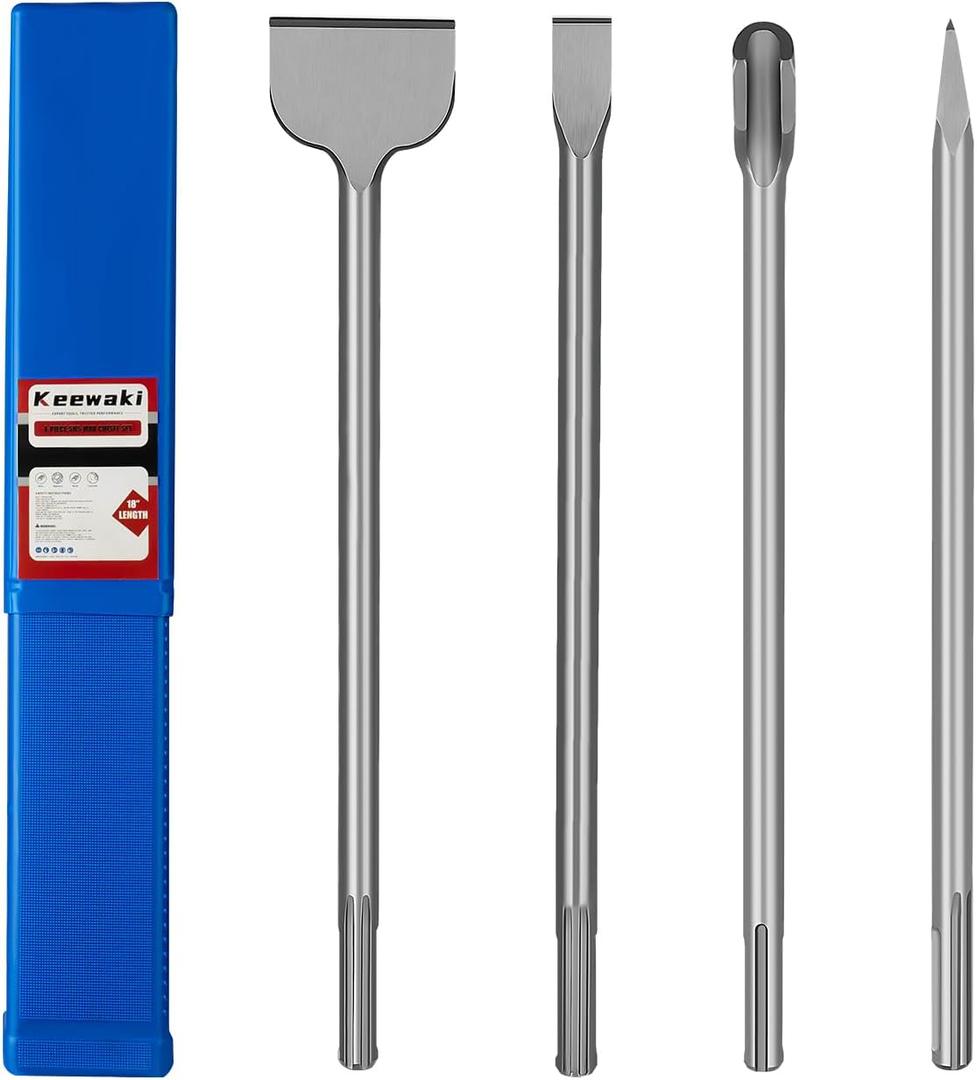 4-Piece SDS Max Chisel Set, 18-Inch Rotary Hammer Chisels for Concrete, Tile & Masonry Heat-Treated Alloy Steel, Includes Point, Flat, 3-Inch Wide & U-Groove Chisels with Storage Tube