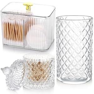 FoldTier 3 Pcs Cotton Ball Holder Dispenser Bathroom Set Cotton Ball Holder Swabs/ ball Storage Box 3 Grids Partition Cosmetics Storage Dispenser for Vanity Tray Candy Container Jar For Home(White)
