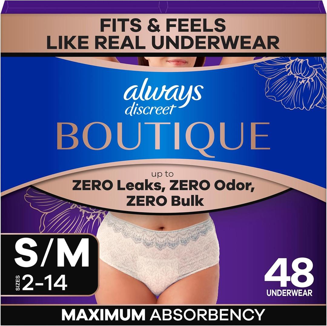 Always Discreet Boutique Incontinence and Postpartum Underwear for Women, Maximum Protection, Small/Medium, Rosy, 48 Count (4 Packs of 12)