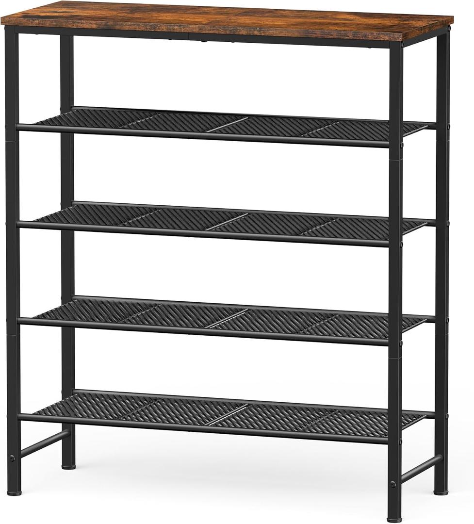 Kitsure Shoe Rack - 5-Tier Shoe Organizer with Wooden Top & Leveling Feet, Easy-Assembly, Rust-Resistant Metal Shoe Shelf for Closet, Entryway, Bedroom, 29.5" x 11.4" x 31.1", Brown