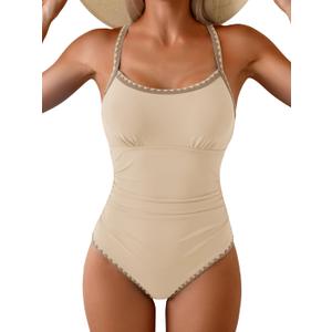 Eomenie Womens Tummy Control Swimsuit Criss Cross Tie Back Bathing Suit (Brown, S)