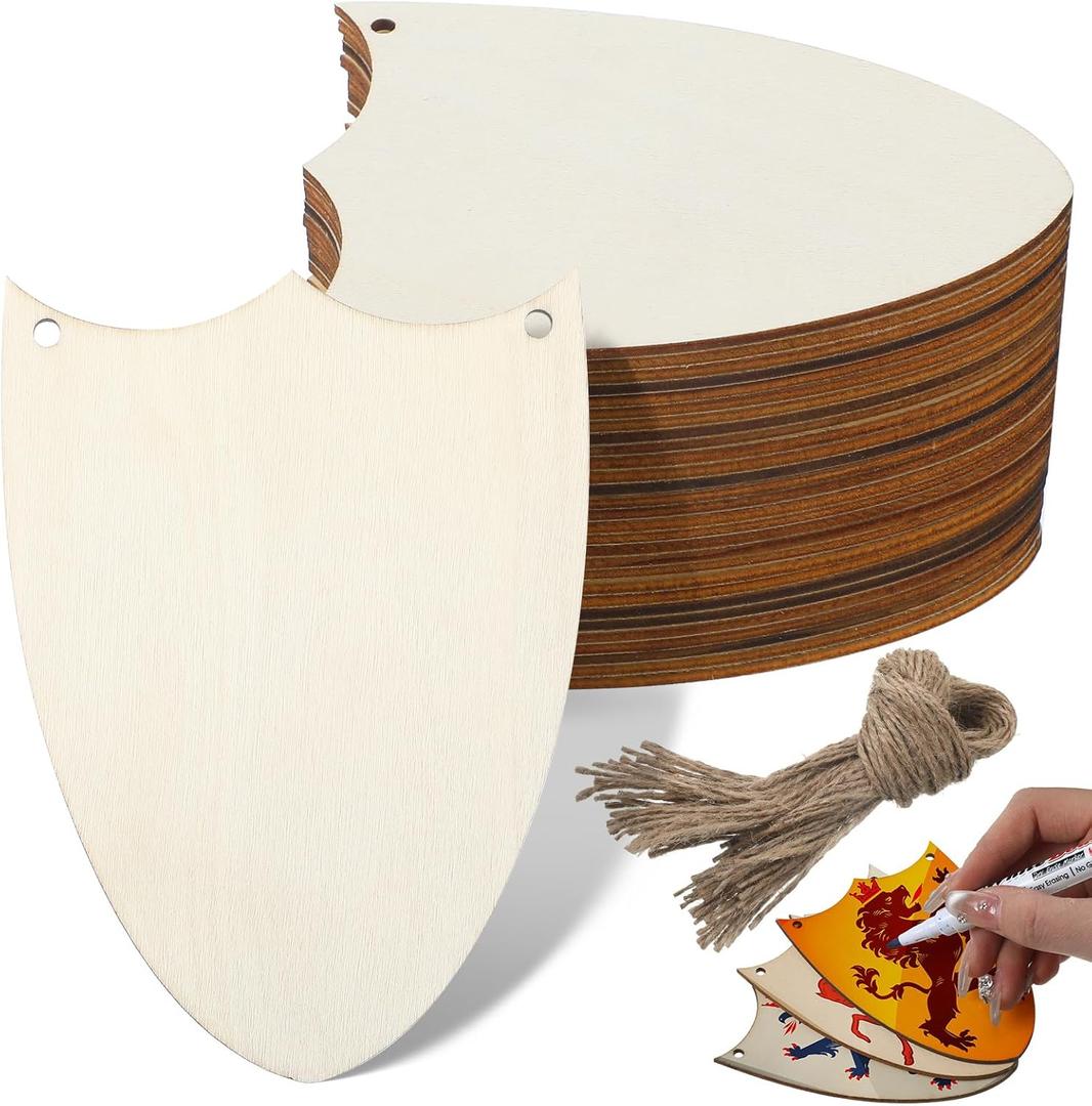 Suzile 36 Pcs Wood Shield Bulk Decorate Shield Cutout Crafts Set Unfinished Wooden Gift Tags Knight Party Father's Day Favors Ornaments with Hole Hemp Ropes for DIY Door Birthday Party