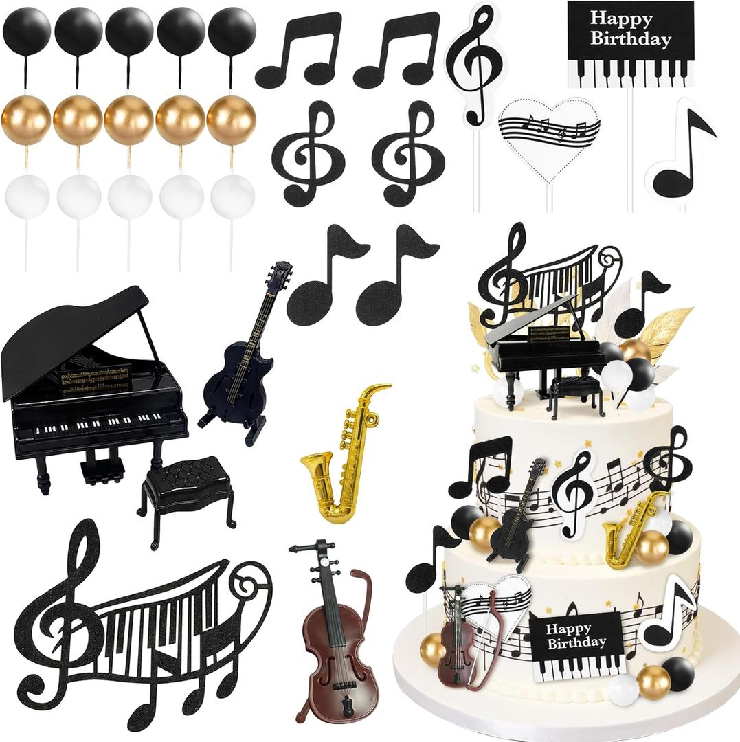 31Pcs Music Cake Toppers Music Notes Cake Decorations with Piano Guitar Violin Cake Toppers for Musician Theme Birthday Party Supplies